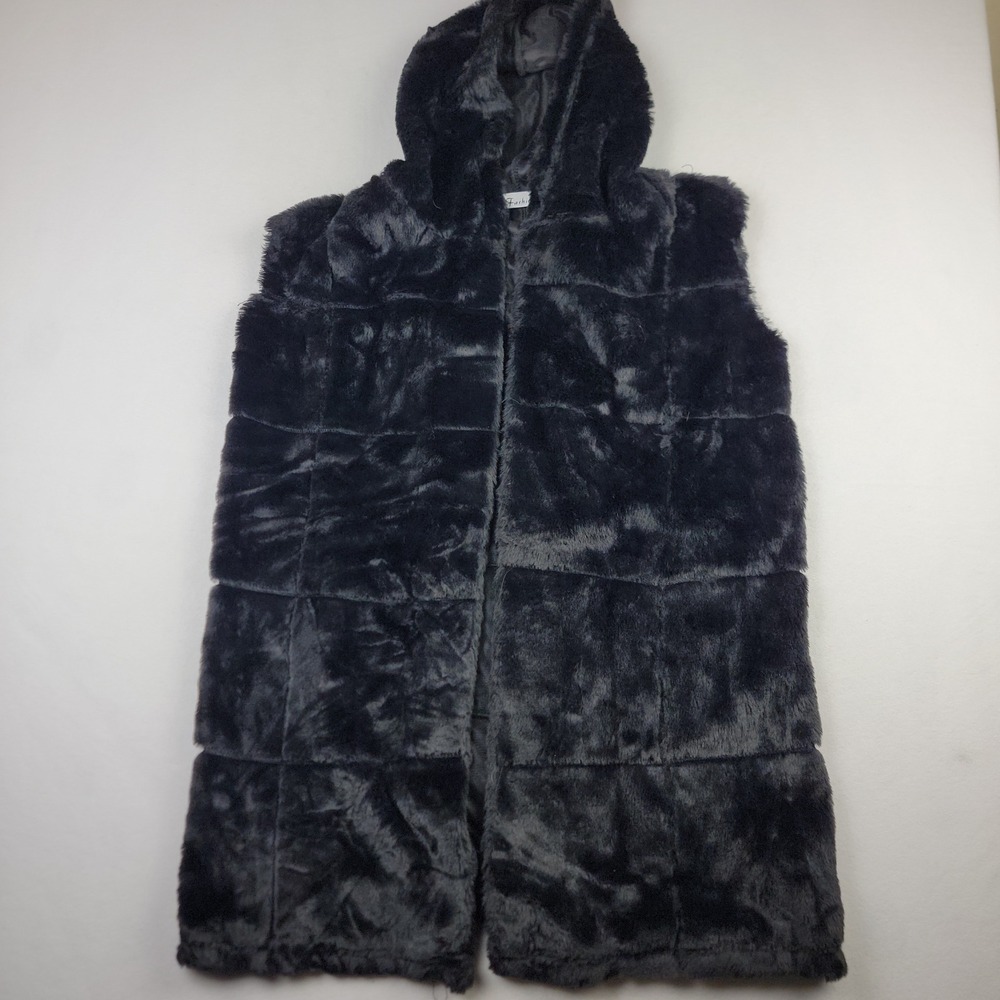 Fashion Womens XL Black Faux Fur Hooded Longline Paneled Vest Open Front Lined
